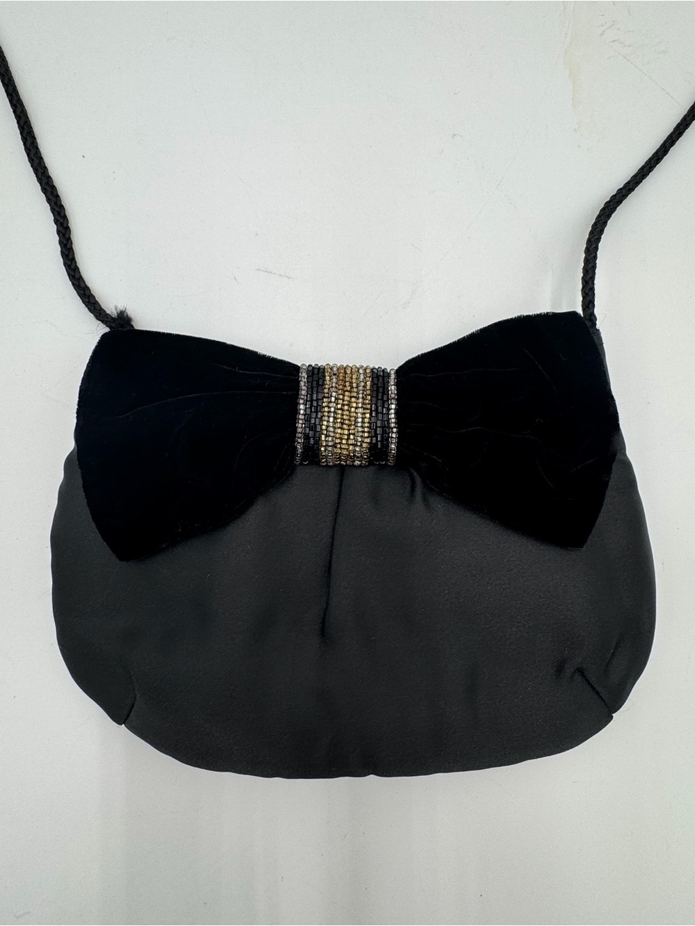 Vintage Avon Black Satin Evening Bag Velvet Bow Beaded Shoulder Purse Clutch
